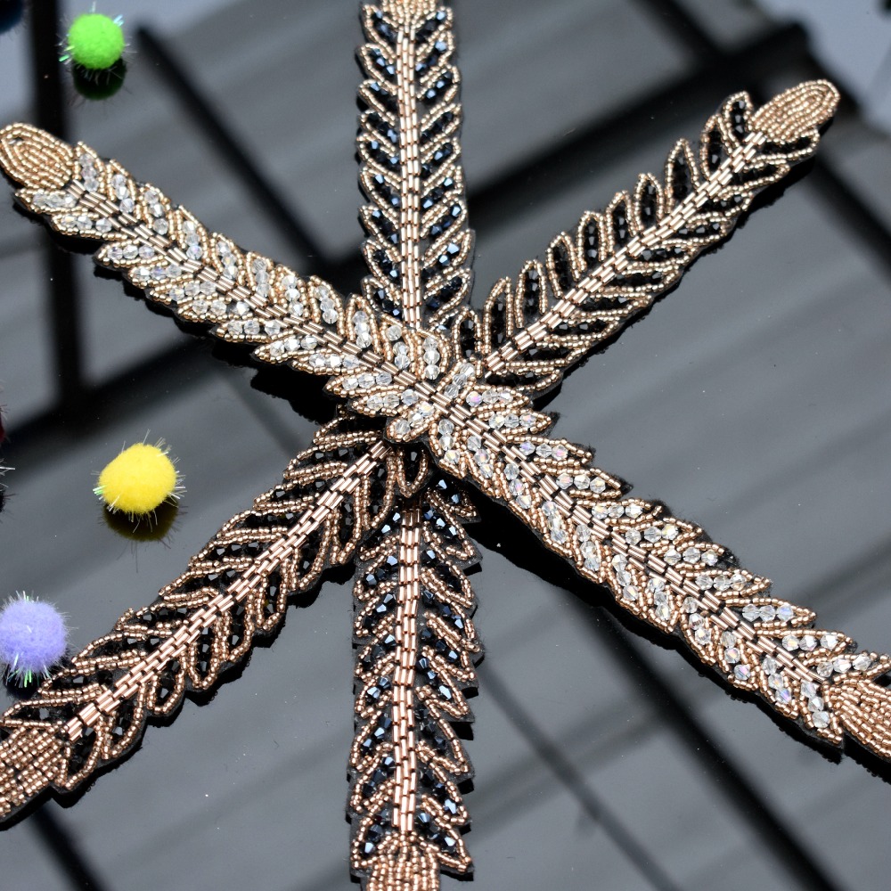 Beaded Trim Fringe - Long leaves leaf handmade applique cystal