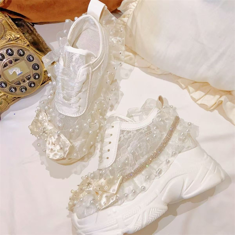 Crystal Mesh Fabric - Thick bottom lace ribbon rhinestone Pearl