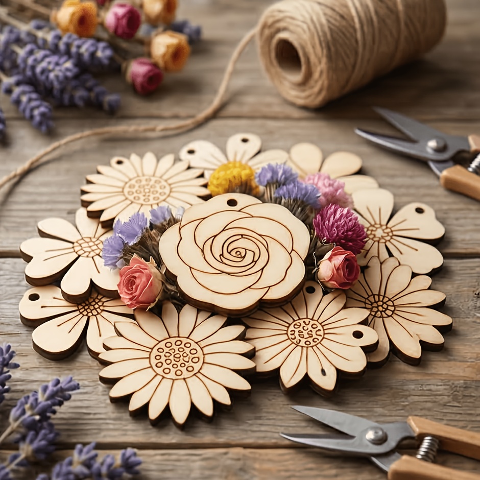 Easter Craft Embellishment Set - 50Pcs/set 35mm Mixed Flower Wood Slice